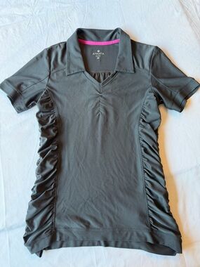 Athleta Gray Short-Sleeve Polo Top with Pink Neck Trim